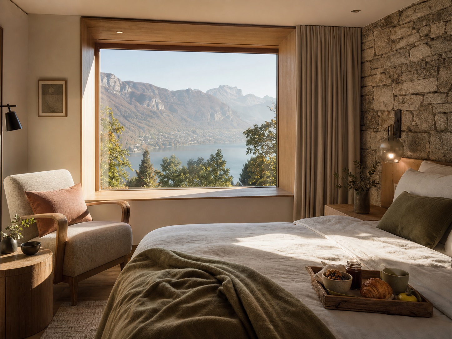 Chambre lumineuse avec vue sur le lac