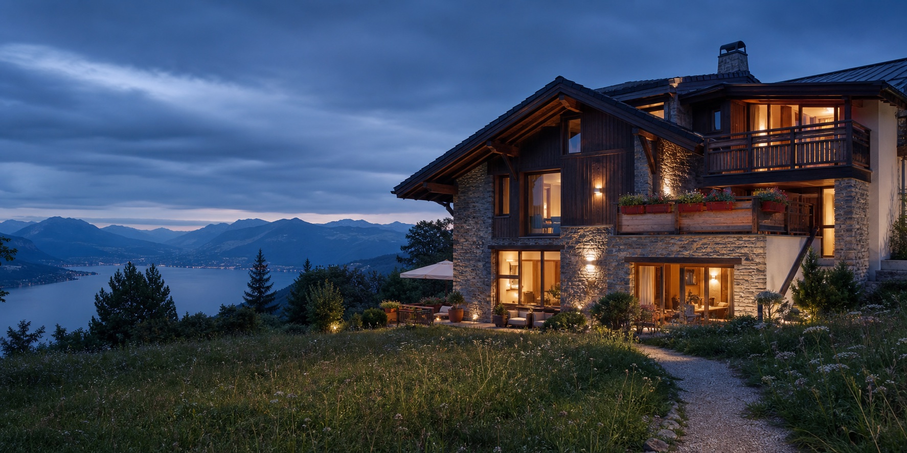 Maison contemporaine dominant le lac et les montagnes